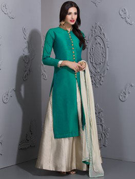 GREEN JACKET TOP STYLE SUIT WITH IVORY SKIRT AND SCARF - Asian Party Wear