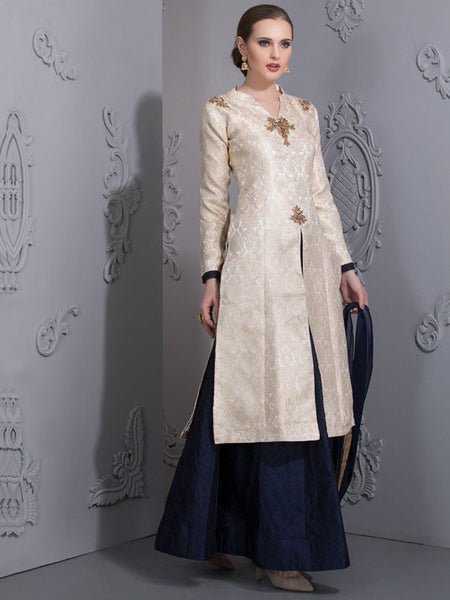 CREAM AND NAVY BLUE BROCADE SLIT TOP STYLISH LENGHA DRESS - Asian Party Wear