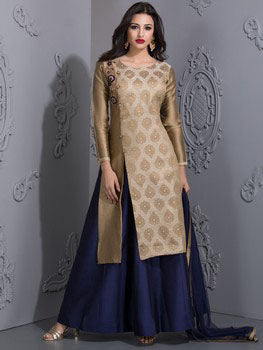 RICH BRONZE BROCADE TOP WITH MOTIZ PAIRED WITH BLUE TAFTA SKIRT - Asian Party Wear