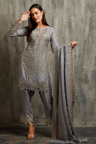 ASH GREY PAKISTANI STYLE EMBROIDERED READYMADE SALWAR SUIT - Asian Party Wear