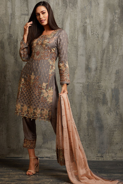 ASH GREY ETHNIC FESTIVE READYMADE SALWAR SUIT - Asian Party Wear