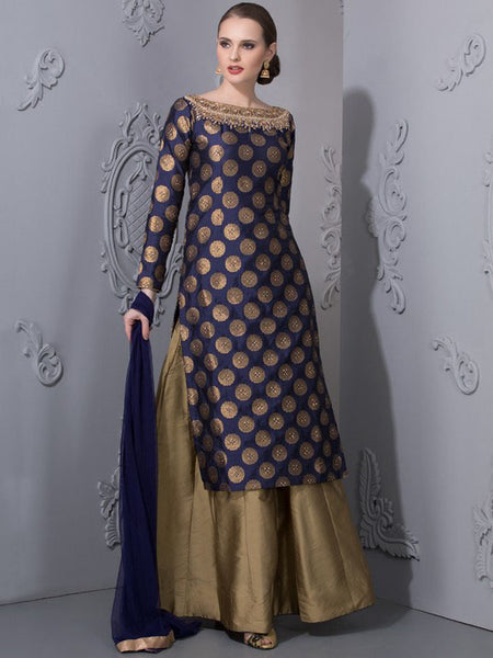 AC-52 NAVY BLUE BROCADE SHIRT AND LEHENGA (READY MADE DRESS) - Asian Party Wear