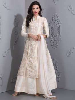 READYMADE IVORY BROCADE TOP WITH LENGHA AND CHURIDAAR - Asian Party Wear