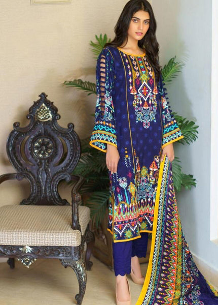 Classic Blue Ajrak Design Printed Lawn Salwar Kameez - Asian Party Wear