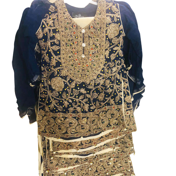 Navy Blue Girls Embroidered Chiffon Suit - Asian Party Wear