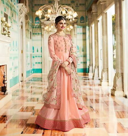 7172 PEACH SILK LONG ANARKALI WEDDING STYLE GOWN - Asian Party Wear