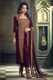 PLUM EMBROIDERED VELVET ETHNIC DRESS (COMES WITH GOLD TROUSER) - Asian Party Wear