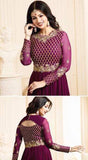 17001 PLUM GLOSSY SIMAR HEAVY EMBROIDERED SEMI STITCHED ANARKALI STYLE GOWN - Asian Party Wear