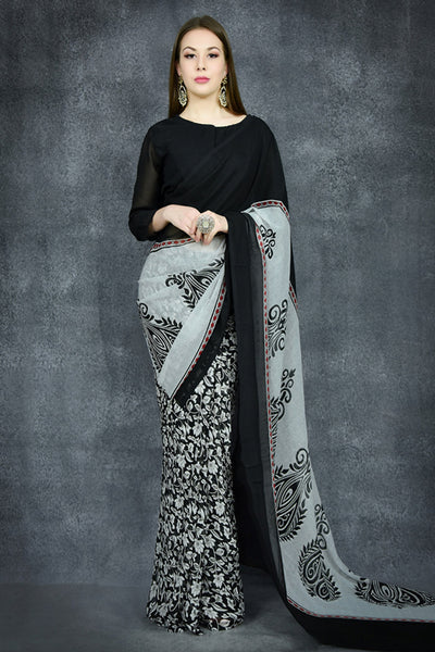 Black & White Versatile Printed Indian Saree - Asian Party Wear