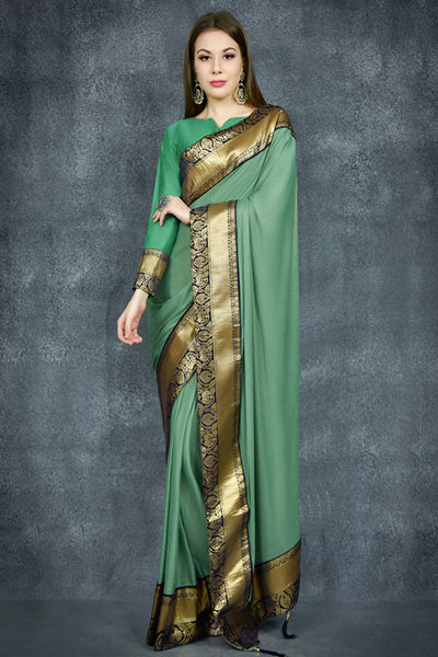 Ultramarine Green Banarasi Golden Border Ethnic Saree - Asian Party Wear