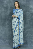 Faded Denim Leaf Printed Readymade Saree - Asian Party Wear