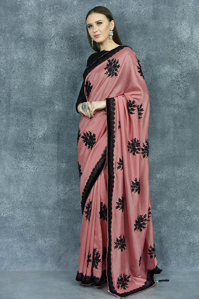 Rose Pink Lace Border Wedding Saree - Asian Party Wear