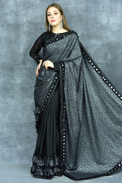 Black & Grey Designer Cocktail Night Readymade Saree - Asian Party Wear