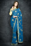 Mosaic Blue Traditional Embroidered Saree - Asian Party Wear