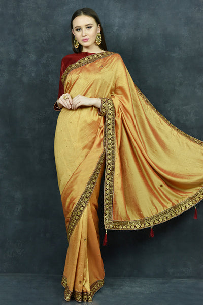 Mustard & Maroon Beautiful Wedding Saree - Asian Party Wear