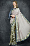 Ash Grey Jacquard Printed Ethnic Saree - Asian Party Wear