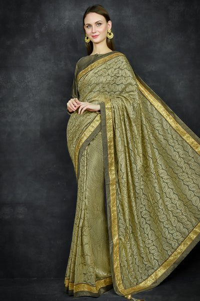 Military Olive Indian Wedding Net Saree - Asian Party Wear