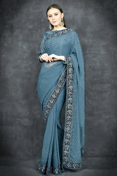 Mosaic Blue Georgette Readymade Floral Embroidered Saree - Asian Party Wear