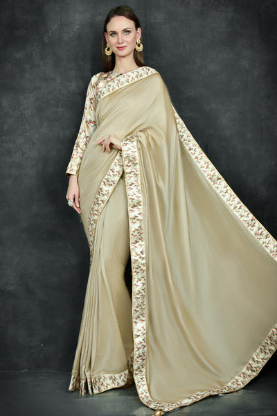 Beige Plain Saree With Floral Printed Blouse - Asian Party Wear