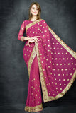 Magenta Purple Golden Embroidered Border Designer Saree - Asian Party Wear