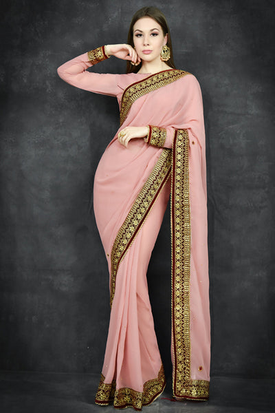 Rose Tan Border Embroidered Desi Party Wear Saree - Asian Party Wear