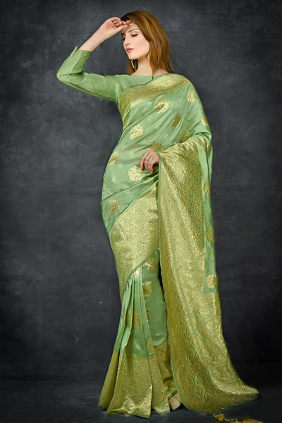 Pista Green Indian Ethnic Banarasi Saree - Asian Party Wear