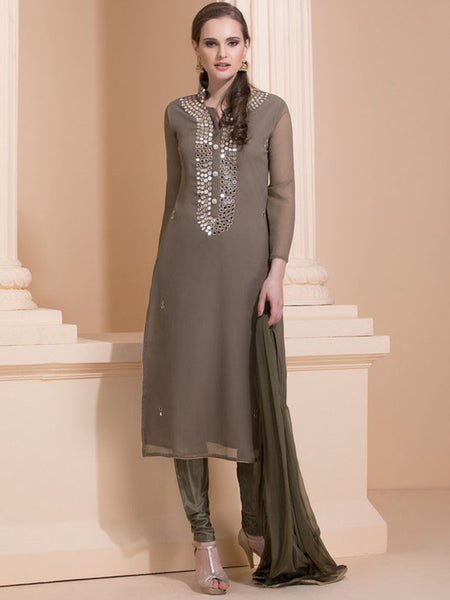 MOUSE COLOUR EARTH TONE SUIT WITH DELICATE MIRROR WORK - Asian Party Wear