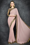 Rose Tan Brocade Blouse Designer Readymade Saree - Asian Party Wear