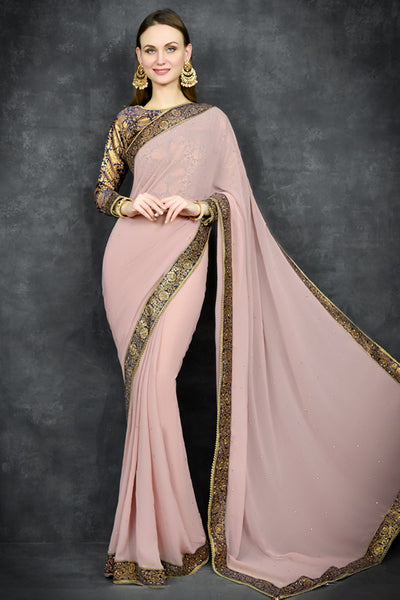 Rose Tan Brocade Blouse Designer Readymade Saree - Asian Party Wear