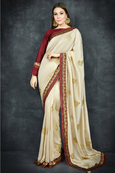 Soft Sunlight & Maroon Ethnic Wedding Saree - Asian Party Wear