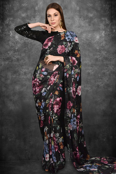 Black Floral Printed Georgette Saree - Asian Party Wear