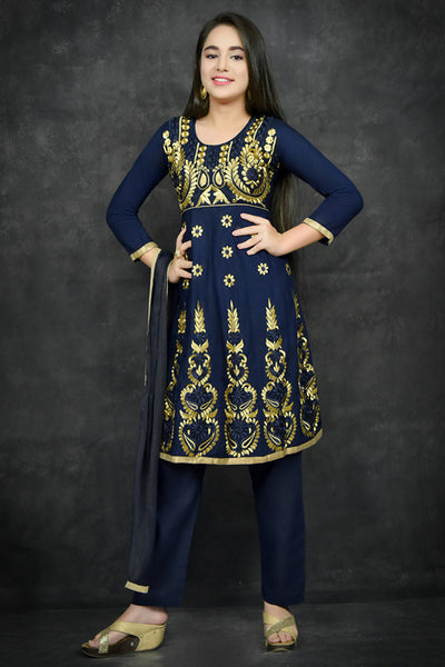 Navy Blue Frock Style Kurti Salwar Suit - Asian Party Wear