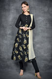 Black Floral Print Churidaar Suit - Asian Party Wear