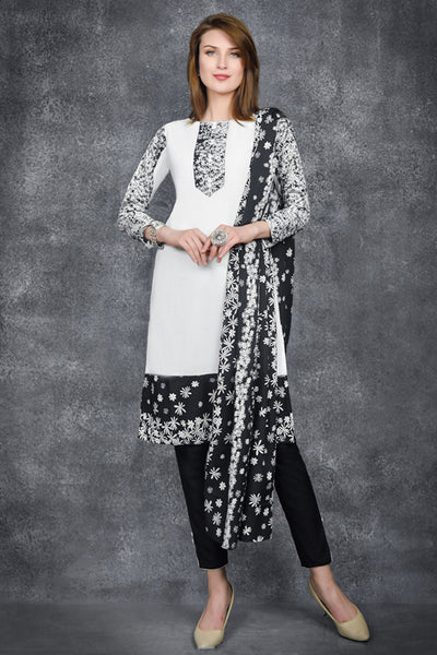 BRILLIANT WHITE & BLACK PRINTED SALWAR KAMEEZ - Asian Party Wear