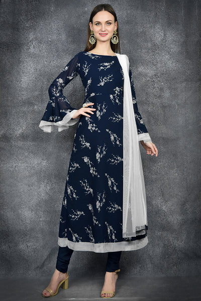 NAVY BLAZER BLUE ANARKALI FLORAL DRESS - Asian Party Wear