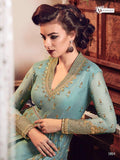 TURQUOISE BLUE HEAVY EMBROIDERED INDIAN WEDDING SLIT STYLE GOWN - Asian Party Wear