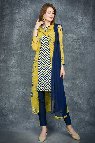 Navy Blue & Sunlight Yellow Georgette Jacket Suit - Asian Party Wear