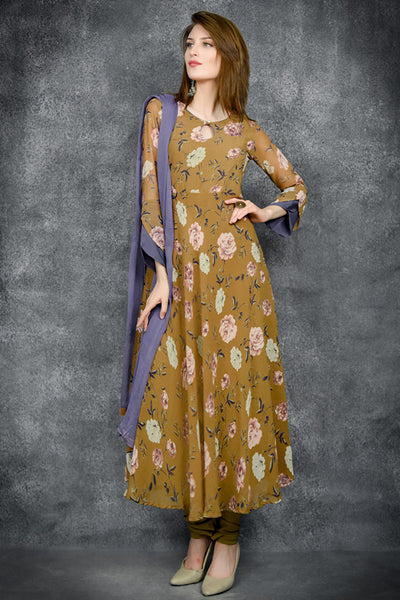 LARK BROWN FLORAL PRINTED PAKISTANI DESIGNER SUIT - Asian Party Wear