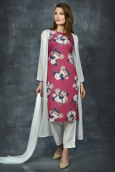 MAGENTA PURPLE & WHITE FLORAL PRINTED STRAIGHT CUT SUIT - Asian Party Wear