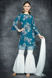 Mosaic Blue Chiffon Printed Shirt & Gharara Pant Suit - Asian Party Wear