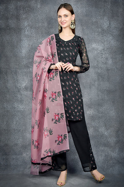 Black Floral Printed Shirt & Shalwar With Organza Dupatta - Asian Party Wear