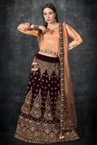 Peach Nougat & Wine Embroidered & Embellished Readymade Lehenga - Asian Party Wear