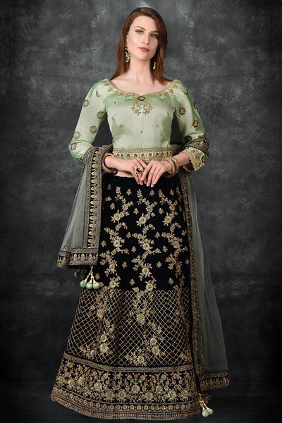 MINT & BLACK EMBROIDERED WEDDING LEHENGA CHOLI - Asian Party Wear