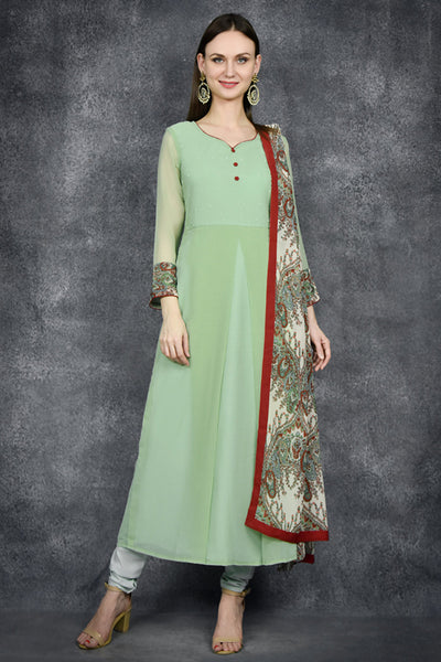 Biscay Green A Line Churidar Suit - Asian Party Wear