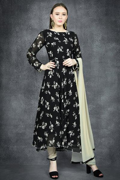 JET BLACK FLORAL PRINTED FLOW CIRCULAR DRESS - Asian Party Wear