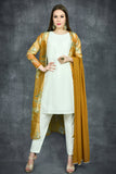 CREAM & MUSTARD FRONT OPEN FLORAL PRINTED JACKET SUIT - Asian Party Wear