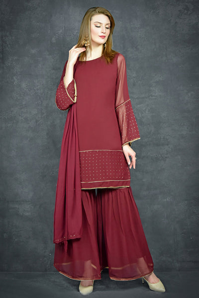 Fired Brick Maroon Gharara & Short Kurti Readymade Suit - Asian Party Wear