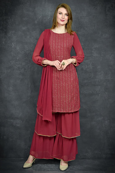 Fired Brick Designer Three Layered Gharara Suit - Asian Party Wear