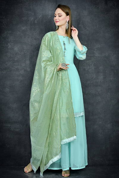 Biscay Green Designer Kurti & Sharara Suit Set - Asian Party Wear