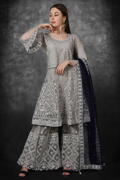 Grey Heavy Embroidered Pakistani Wedding Gharara Suit - Asian Party Wear